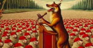 Wolf in sheeps clothing speaking to crowds at podium